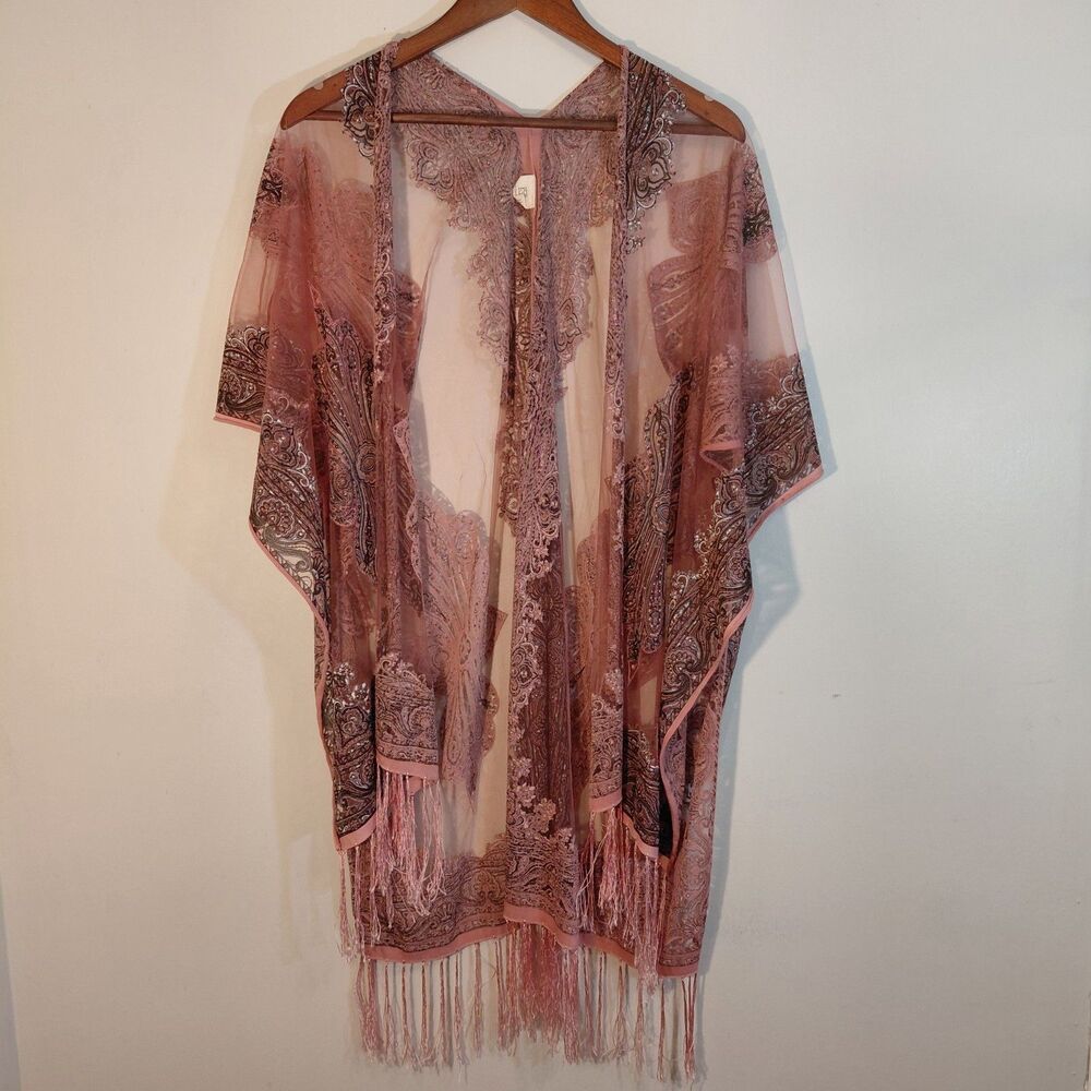 Boho Pink Sheer Kimono Duster M Sparkle Fringe Paisley Romantic Fairy Festival